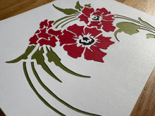 Load image into Gallery viewer, alternate angle of white card with red flowers and green leaves made from cut-paper